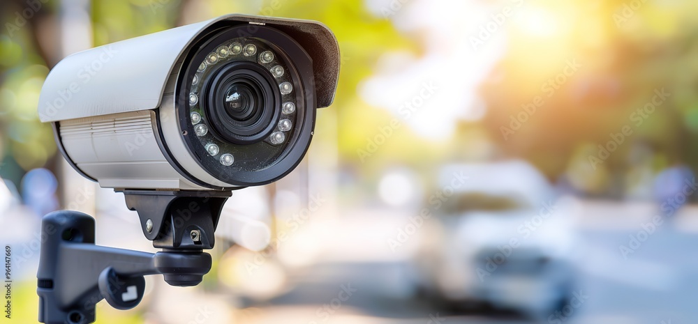 Security camera mounted on a wall with a blurred background of trees and a car. The camera is white and has a lens with multiple infrared lights. Security camera mounted on a wall with a blurred background of trees and a car. The camera is white and has a lens with multiple infrared lights.