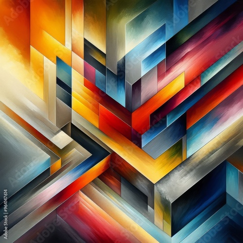 Dynamic abstract geometric pattern featuring bold, vibrant colors in a modern style. The intersecting shapes and lines create a sense of depth and movement, perfect for backgrounds or artistic