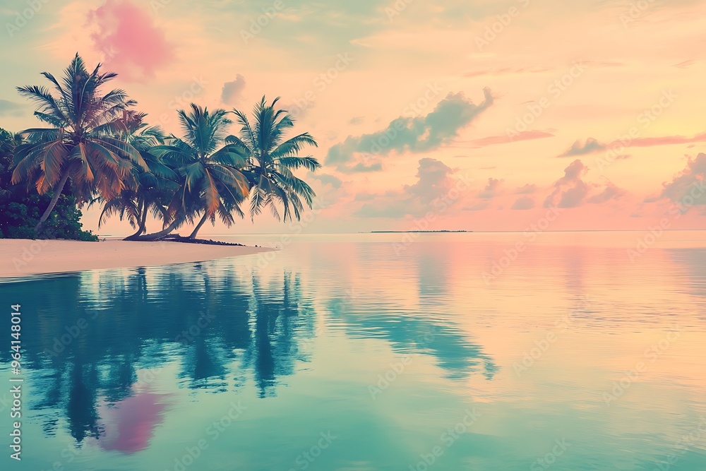 Serene Sunset Reflection Over Tropical Waters with Palm Trees Serene Sunset Reflection Over Tropical Waters with Palm Trees