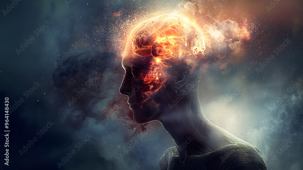 A parent with an exploding head and Symbolizing the concept of stress and mental health in a home environment. A parent with an exploding head and Symbolizing the concept of stress and mental health in a home environment.