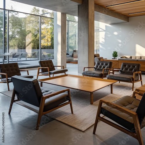 an ultra-modern living room with large windows located in the corner of the room. The interior design combines glass, steel and concrete materials, complemented by minimalist furniture and smart home 