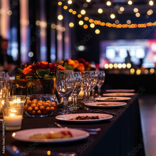 Elegant dinner table setting with candles, wine glasses, and a bowl of small orange fruits.