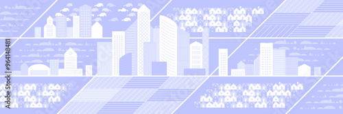 Cityscape panorama. Megapolis city view. Smart city. Urban landscape with many building. Collection of houses, skyscrapers, buildings, supermarkets with streets and traffic. Vector illustration
