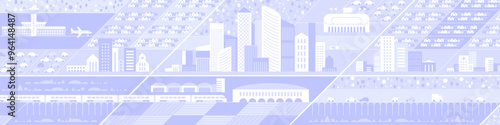 Cityscape panorama. Megapolis city view. Smart city. Urban landscape with many building. Collection of houses, skyscrapers, buildings, supermarkets with streets and traffic. Vector illustration