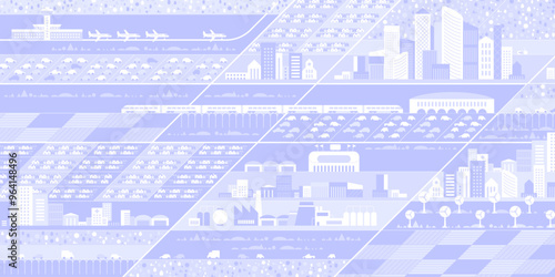 Cityscape panorama. Megapolis city view. Smart city. Urban landscape with many building. Collection of houses, skyscrapers, buildings, supermarkets with streets and traffic. Vector illustration