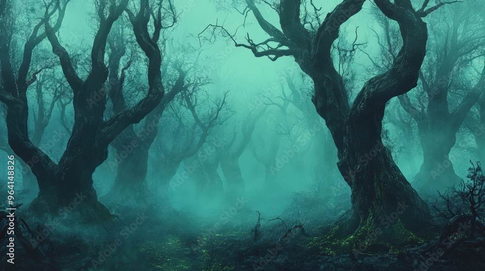 Spooky forest road illustration. Path through a dark forest autumn fog at night.Evil and fear place, spooky and creepy Spooky forest road illustration. Path through a dark forest autumn fog at night.Evil and fear place, spooky and creepy