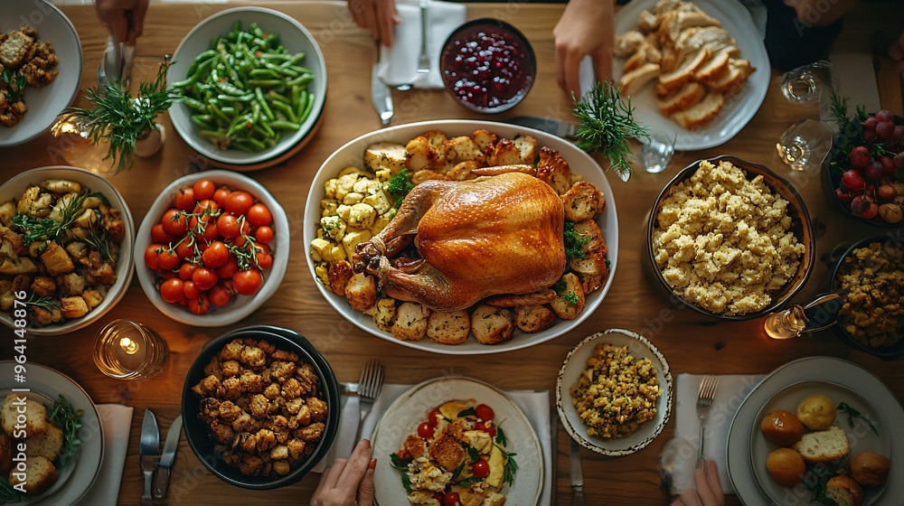 Top view of Thanksgiving food on table Top view of Thanksgiving food on table