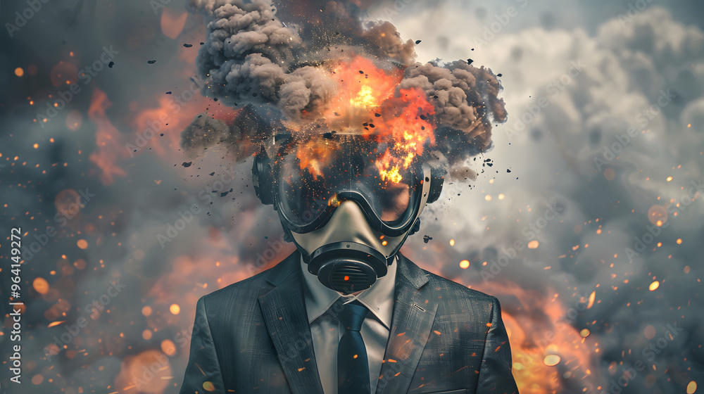 A pilot with an exploding head and Symbolizing the concept of stress and mental health in an aviation context. A pilot with an exploding head and Symbolizing the concept of stress and mental health in an aviation context.