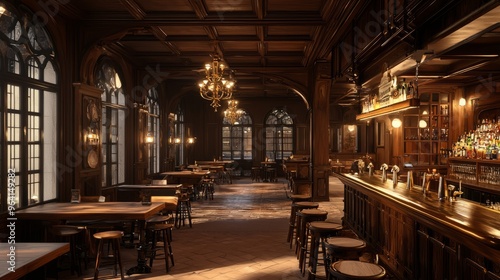 Empty, classic pub interior with wooden bar and tables.