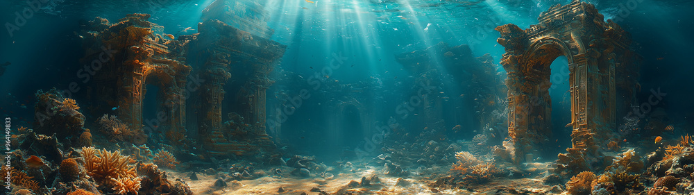Obraz premium A submerged ancient city, with towering ruins covered in coral and illuminated by shafts of sunlight filtering through the water.
