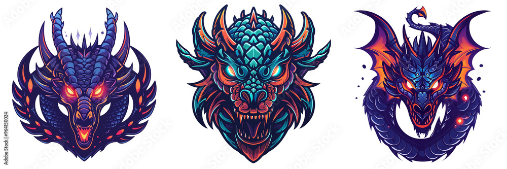 Set of fierce dragon with intricate scales and glowing eyes logo isolated on a transparent background Set of fierce dragon with intricate scales and glowing eyes logo isolated on a transparent background
