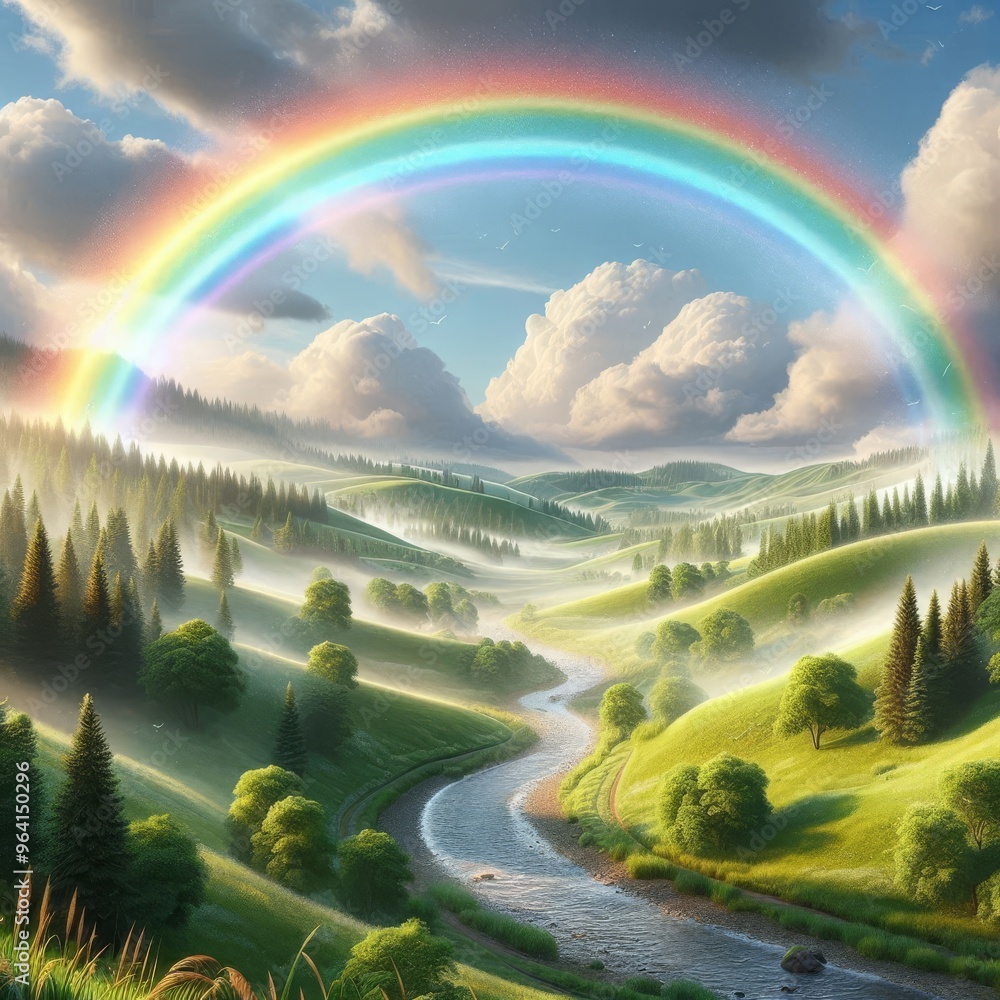 Obraz premium Stunning rainbow arches over a lush valley with a meandering river, surrounded by green hills and forests. The vivid colors and serene landscape evoke a sense of peace and wonder, ideal for nature and