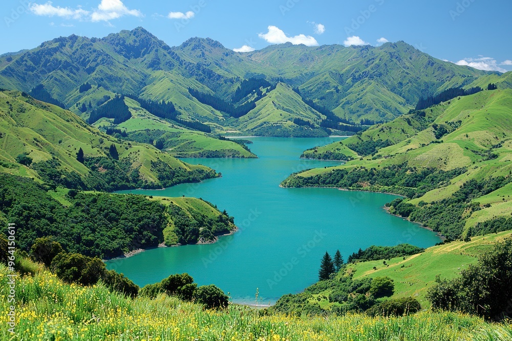 Lush Green Hills Surrounding a Serene Turquoise Lake - A stunning view of rolling green hills and a calm turquoise lake nestled within a mountainous landscape, perfect for nature lovers. Lush Green Hills Surrounding a Serene Turquoise Lake - A stunning view of rolling green hills and a calm turquoise lake nestled within a mountainous landscape, perfect for nature lovers.