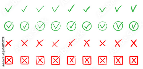 Check marks doodle set. Checkbox, checklist, tick and cross signs, v and x in sketch style. Hand drawn vector illustration isolated on white background