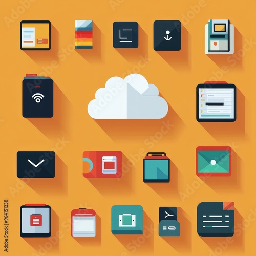 Flat design icons of cloud storage, folders, file, web, network and download.