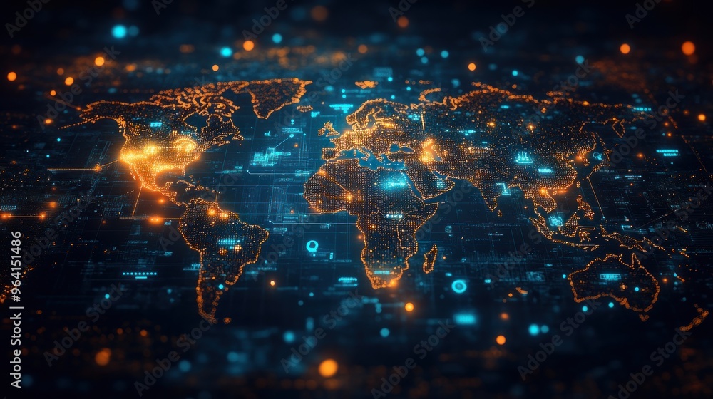 Fototapeta premium Digital world map with glowing connections and data visualization.