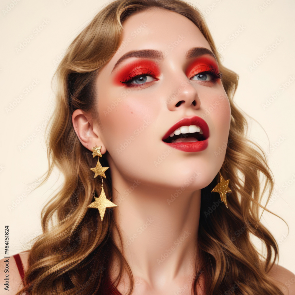Portrait of woman with bright red makeup with star earrings Portrait of woman with bright red makeup with star earrings