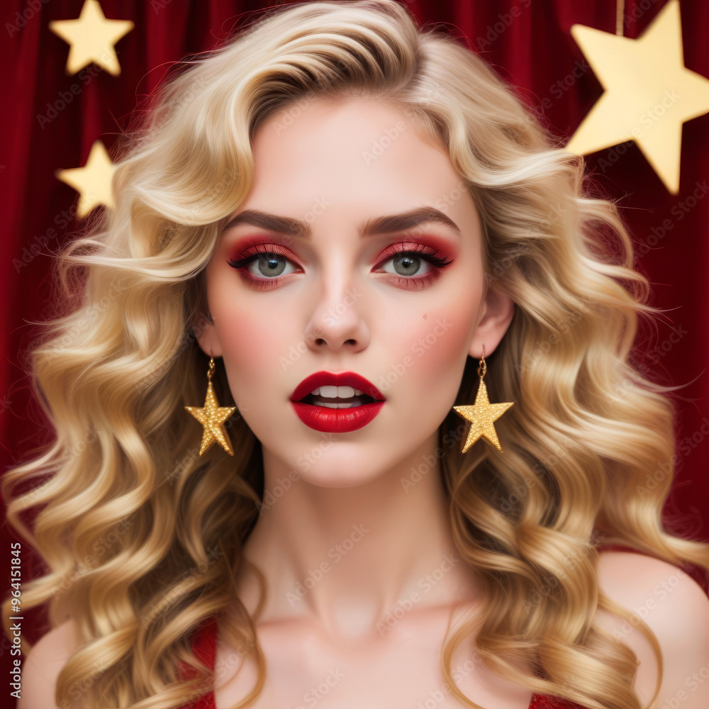 Fototapeta premium Portrait of woman with bright red makeup with star earrings