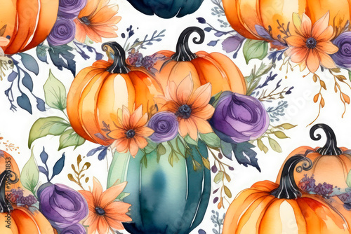 Hand painted watercolor Halloween gothic composition with pumpkins and orange and purple flowers