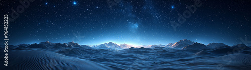 A smooth cinematic view of a vast desert under a star-filled sky, with rolling dunes in the foreground. The darkness of the night contrasts with the soft glow of the stars.