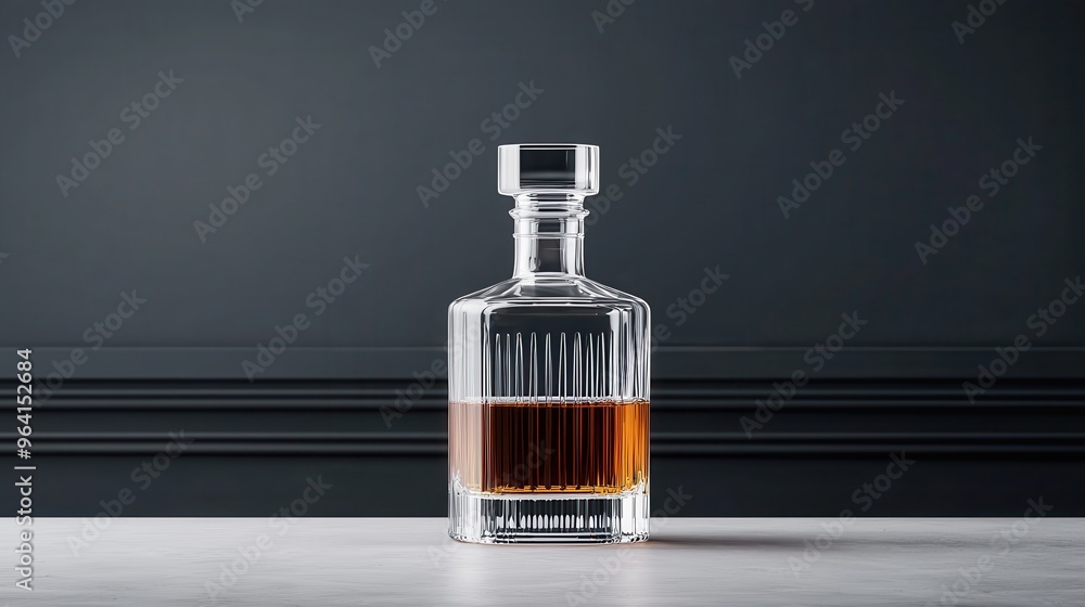 Elegant glass whiskey decanter filled with rich amber liquid, set against a minimalist dark background Elegant glass whiskey decanter filled with rich amber liquid, set against a minimalist dark background