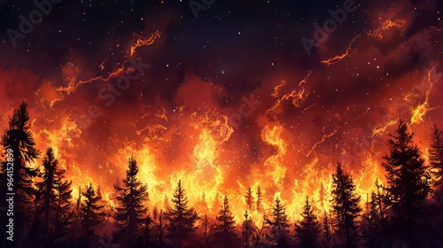 Forest fire at night, with fiery flames reaching high above the trees.