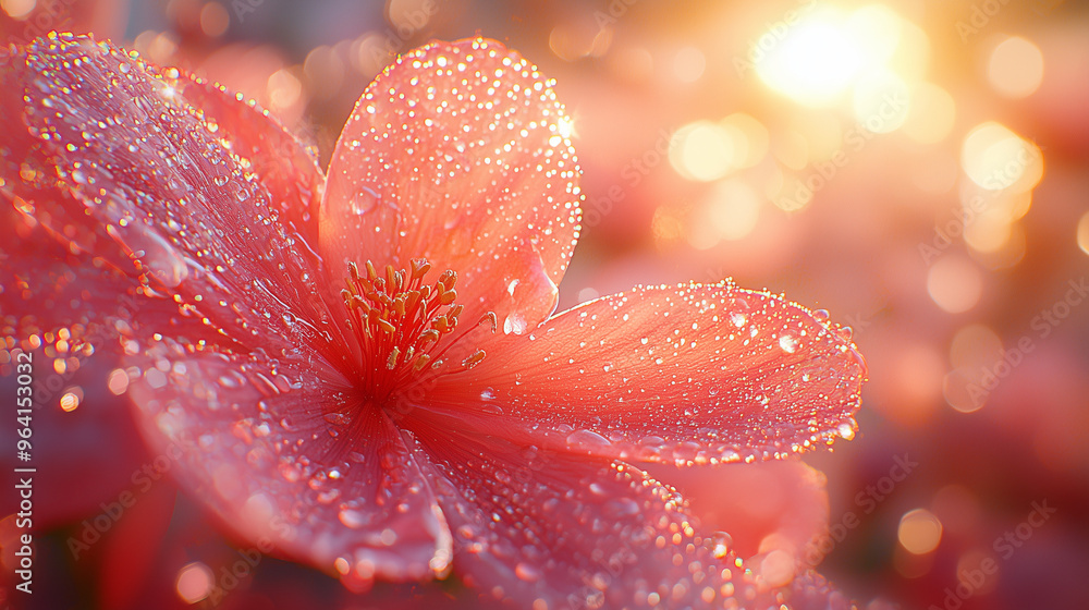 A zoomed-in cinematic shot of a delicate flower petal covered in sparkling morning dew, illuminated by soft sunlight, creating a serene and calming natural scene. A zoomed-in cinematic shot of a delicate flower petal covered in sparkling morning dew, illuminated by soft sunlight, creating a serene and calming natural scene.