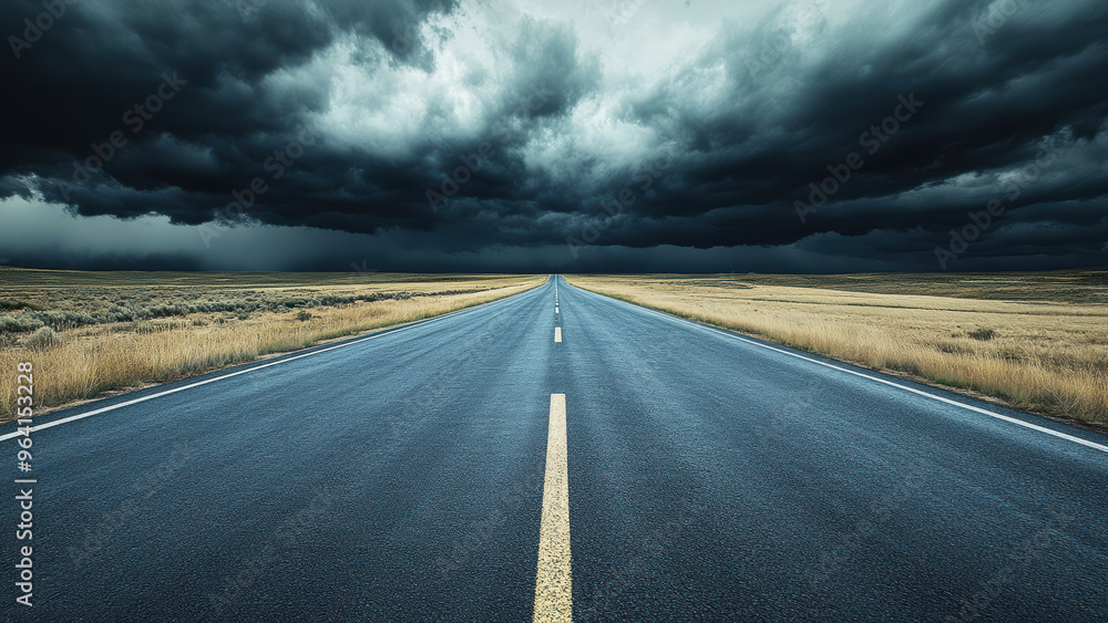Asphalt countryside road with a dark, stormy sky on the horizon. Asphalt countryside road with a dark, stormy sky on the horizon.