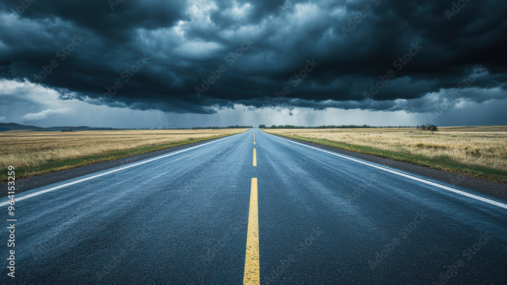 Lonely asphalt highway heading into a sunset with a cloudy sky and sun rays. Lonely asphalt highway heading into a sunset with a cloudy sky and sun rays.