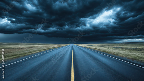 Asphalt countryside road with a dark, stormy sky on the horizon. photo