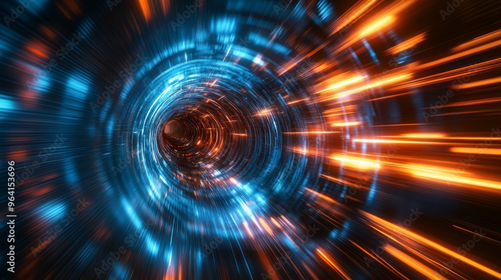 Abstract digital tunnel with glowing blue and orange lights.. Abstract digital tunnel with glowing blue and orange lights..