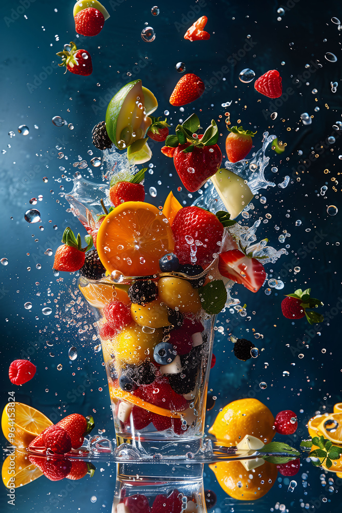 Frisches Obst fällt ins Wasser, Fitness und Wellness durch gute Ernährung, mehr Energie und Abwehrkräfte durch Vitamin C, Vitamin Booster durch Früchte Frisches Obst fällt ins Wasser, Fitness und Wellness durch gute Ernährung, mehr Energie und Abwehrkräfte durch Vitamin C, Vitamin Booster durch Früchte
