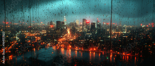 A cinematic view through a rainy window with city lights reflected in the droplets, capturing the mood of solitude and reflection.