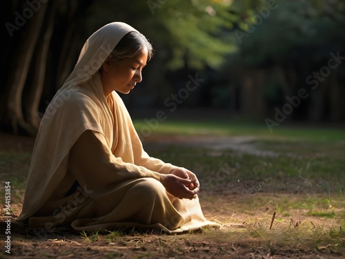 A serene figure, likely with a warm, golden-brown skin tone, kneels or sits in a humble position, with hands clasped together in a reverent gesture of prayer, radiating an aura of devotion photo