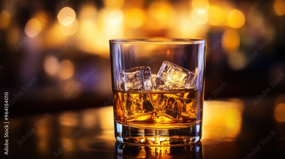 A glass of whiskey filled with ice, backlit against a dimly lit background, evoking a sense of sophistication and calm. A glass of whiskey filled with ice, backlit against a dimly lit background, evoking a sense of sophistication and calm.