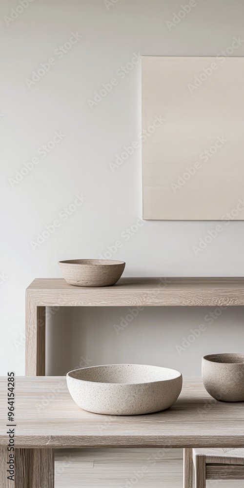 Minimalist coastal dining room with bleached wood furniture and Mediterranean decor. Residential interior design composition with copyspace Minimalist coastal dining room with bleached wood furniture and Mediterranean decor. Residential interior design composition with copyspace