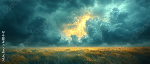 Cinematic thunderclouds rolling over a vast prairie, with tall grass swaying in the wind as the storm approaches. photo