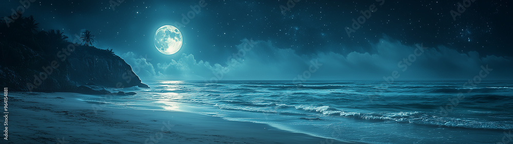 A tranquil moonlit beach with the moon's reflection shimmering across the still waters, and a sky full of stars above. A tranquil moonlit beach with the moon's reflection shimmering across the still waters, and a sky full of stars above.