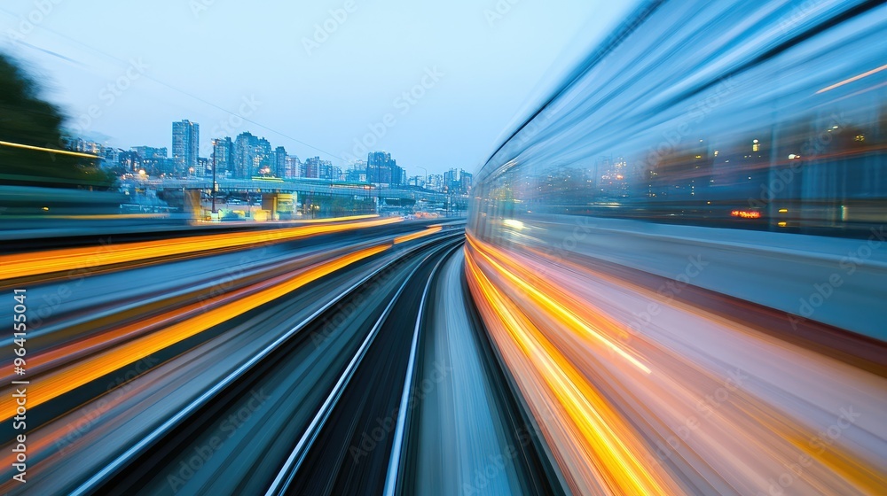 Speeding train passing through urban landscape Speeding train passing through urban landscape