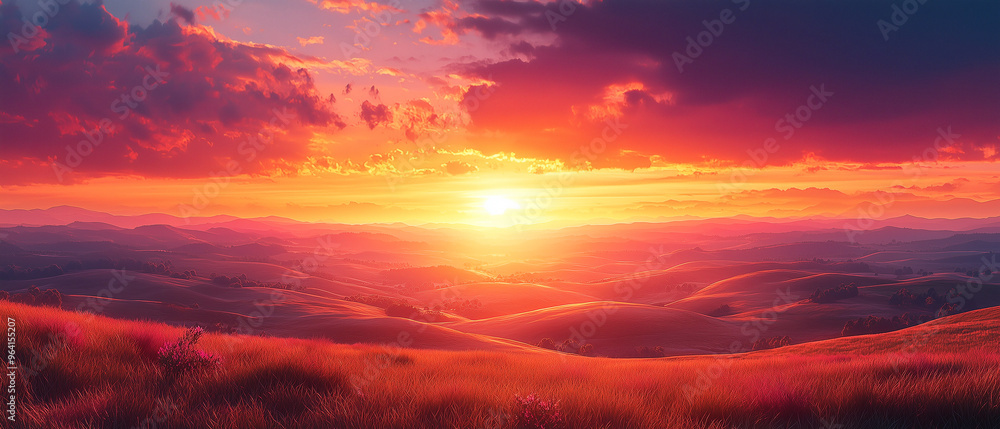 A golden sunset illuminating rolling hills, with the last rays of sunlight painting the sky in warm oranges and purples. A golden sunset illuminating rolling hills, with the last rays of sunlight painting the sky in warm oranges and purples.