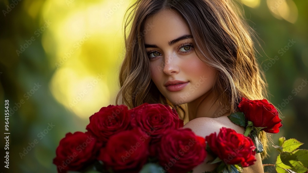 Naklejka premium A beautiful woman with vibrant roses in her arms. She smiles softly while surrounded by lush greenery. This portrait captures elegance and natural beauty.