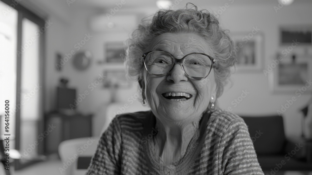 A woman with glasses is smiling and looking at the camera. She is wearing a striped sweater and is sitting on a couch A woman with glasses is smiling and looking at the camera. She is wearing a striped sweater and is sitting on a couch