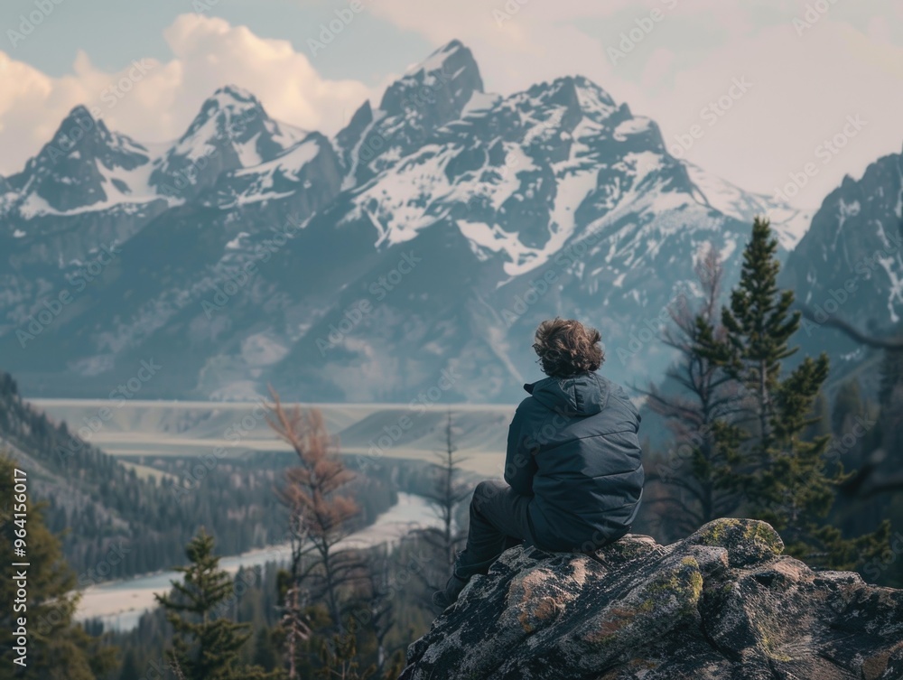 A man sits on a rock overlooking a river and mountains. The scene is peaceful and serene, with the man taking in the beauty of the landscape A man sits on a rock overlooking a river and mountains. The scene is peaceful and serene, with the man taking in the beauty of the landscape