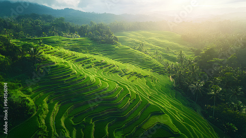 Lush Green Rice Terraces in Tropical Landscape photo