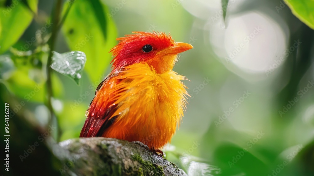 Obraz premium A small bird with orange feathers is perched on a branch. The bird appears to be wet, and it is looking up at the camera. The scene is peaceful and serene