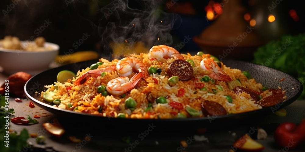 A plate of food with shrimp and peas on top of rice. The plate is on a table with other food items A plate of food with shrimp and peas on top of rice. The plate is on a table with other food items