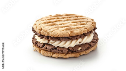 A cookie with a chocolate filling and a white cream filling. The cookie is round and has a brown and white color