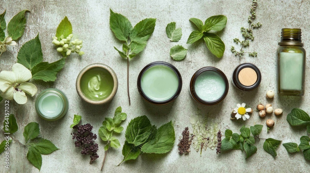A collection of natural products including herbs, oils, and lotions. Concept of wellness and natural beauty A collection of natural products including herbs, oils, and lotions. Concept of wellness and natural beauty