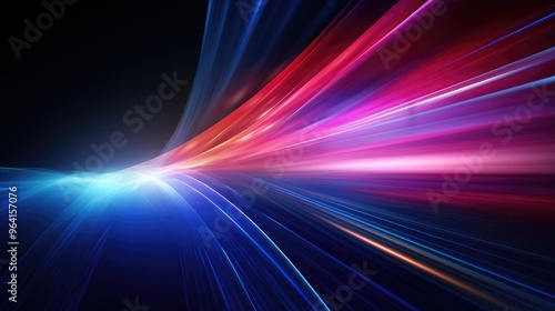 A dynamic abstract image featuring vibrant light trails in blue, pink, and red, suggesting movement and energy.