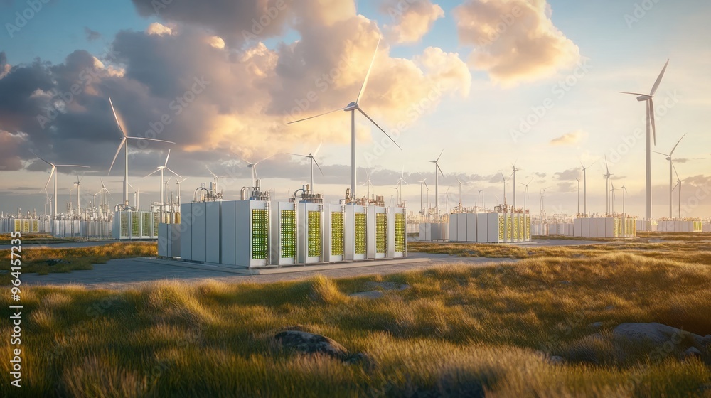A field of electrolysis units converting water into green hydrogen ...